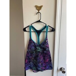 Nike Womens Tankini Swim Top Large Neon Abstract Leaf Racerback Mesh T-Back
